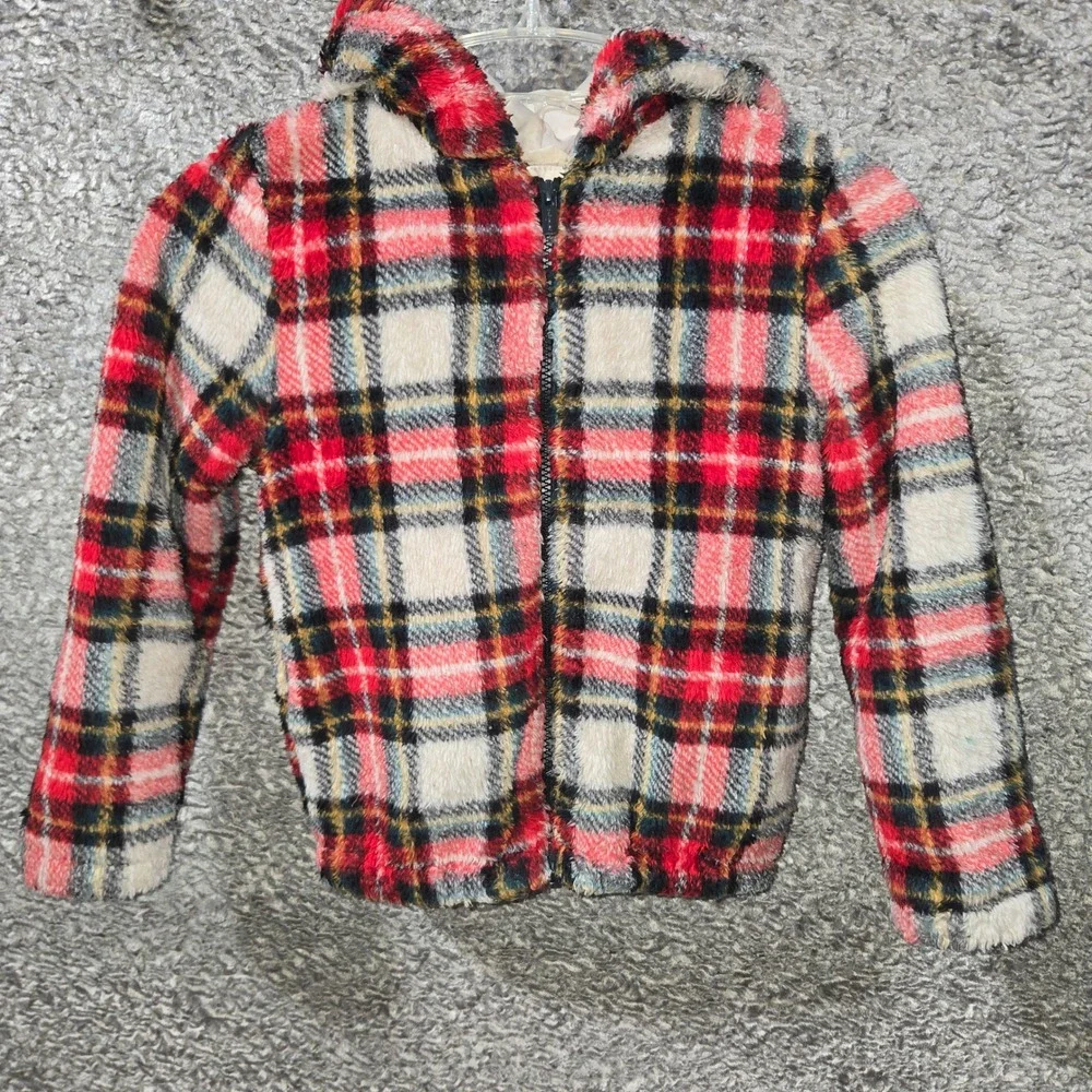 Old Navy Kids Red White Tartan Plaid Hooded Elmo Fleece‎ Jacket Sz M 8 807714-00